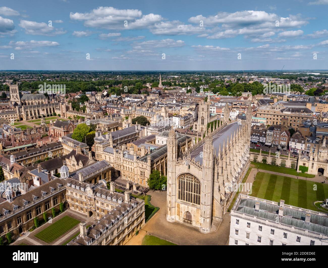 Aerial drone view of King's College Cambridge in England UK. King's College is a constituent college of the University of Cambridge. Stock Photo