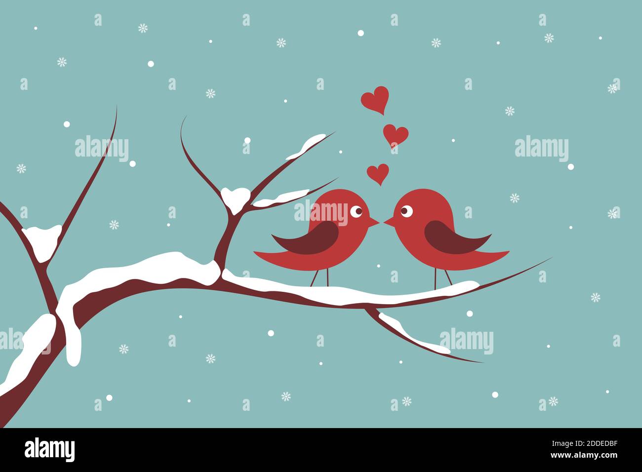 Cute birds in love on branches covered with snow. Love and winter concept Stock Vector