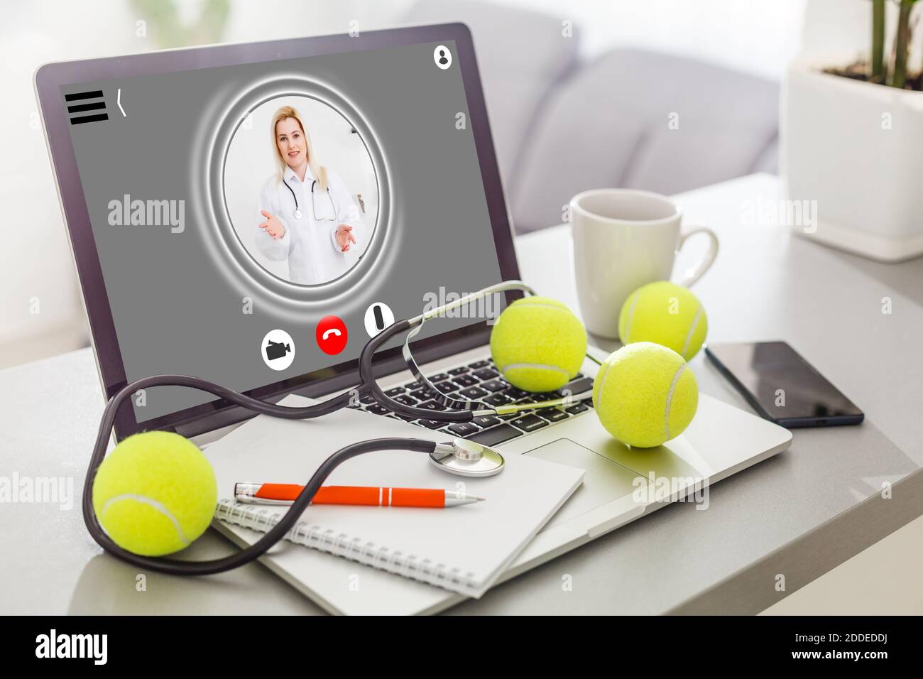 laptop with doctor on screen , online consultation Stock Photo