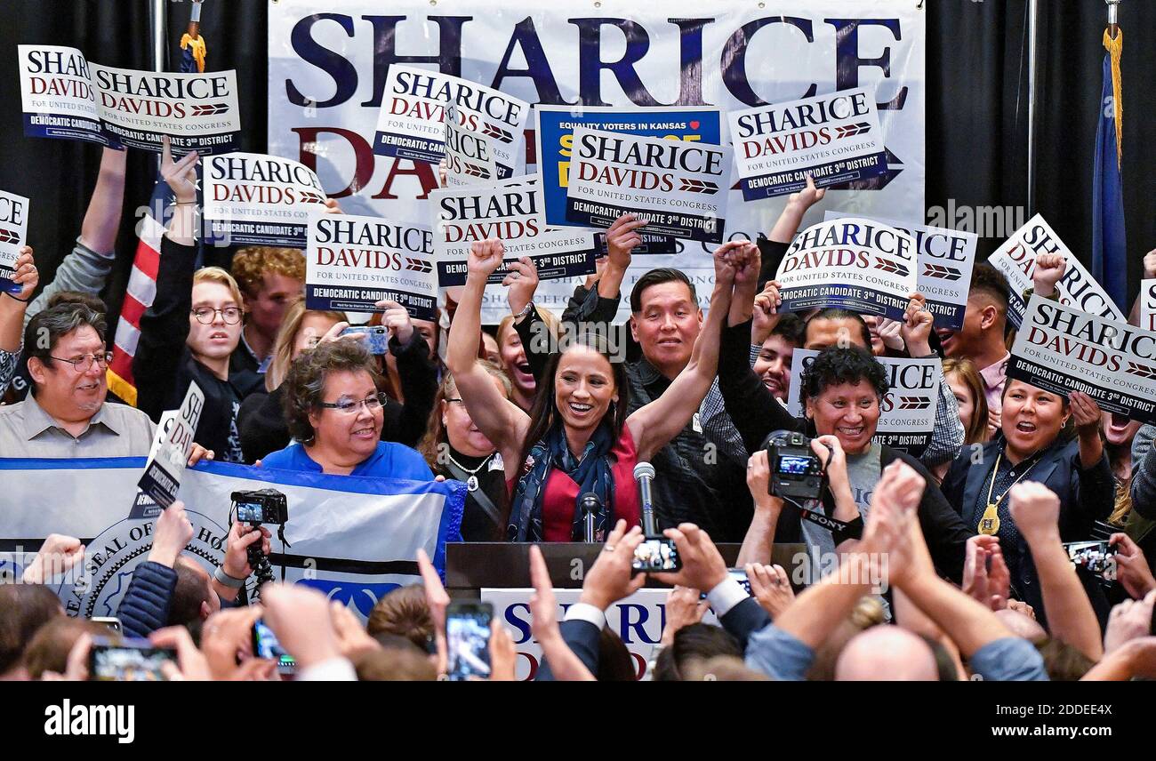 NO FILM, NO VIDEO, NO TV, NO DOCUMENTARY - Democrat Sharice Davids gives her victory speech after winning the state's 3rd congressional district race on Tuesday, November 6, 2018, at her watch party in Olathe, Kan. Photo by John Sleezer/Kansas City Star/TNS/ABACAPRESS.COM Stock Photo