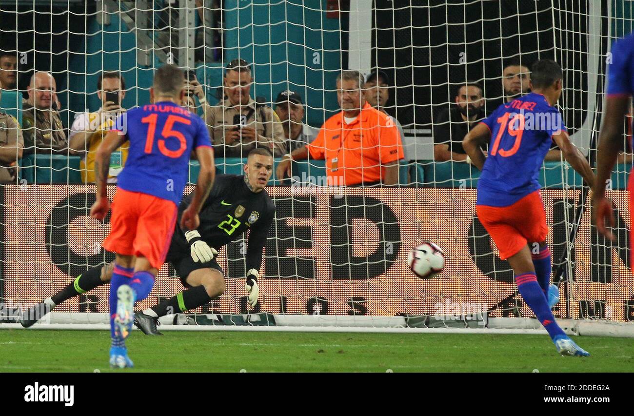 NO FILM, NO VIDEO, NO TV, NO DOCUMENTARY - Brazil goalkeeper Ederson (23) is unable to stop a penalty shot by Colombia forward Luis Muriel (19) during the first half of an international friendly at Hard Rock Stadium in Miami Gardens, FL, USA on Friday, September 6, 2019. The game ended in a 2-2 draw. Photo by David Santiago/Miami Herald/TNS/ABACAPRESS.COM Stock Photo