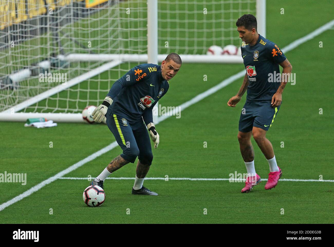 NO FILM, NO VIDEO, NO TV, NO DOCUMENTARY - Brazil national soccer team forward Firmino, right, and goalkeeper Ederson during practice on Thursday, Sept. 5, 2019, at Hard Rock Stadium in Miami Gardens, FL, USA, in preparation for international friendly against Colombia on Friday. Photo by David Santiago/Miami Herald/TNS/ABACAPRESS.COM Stock Photo