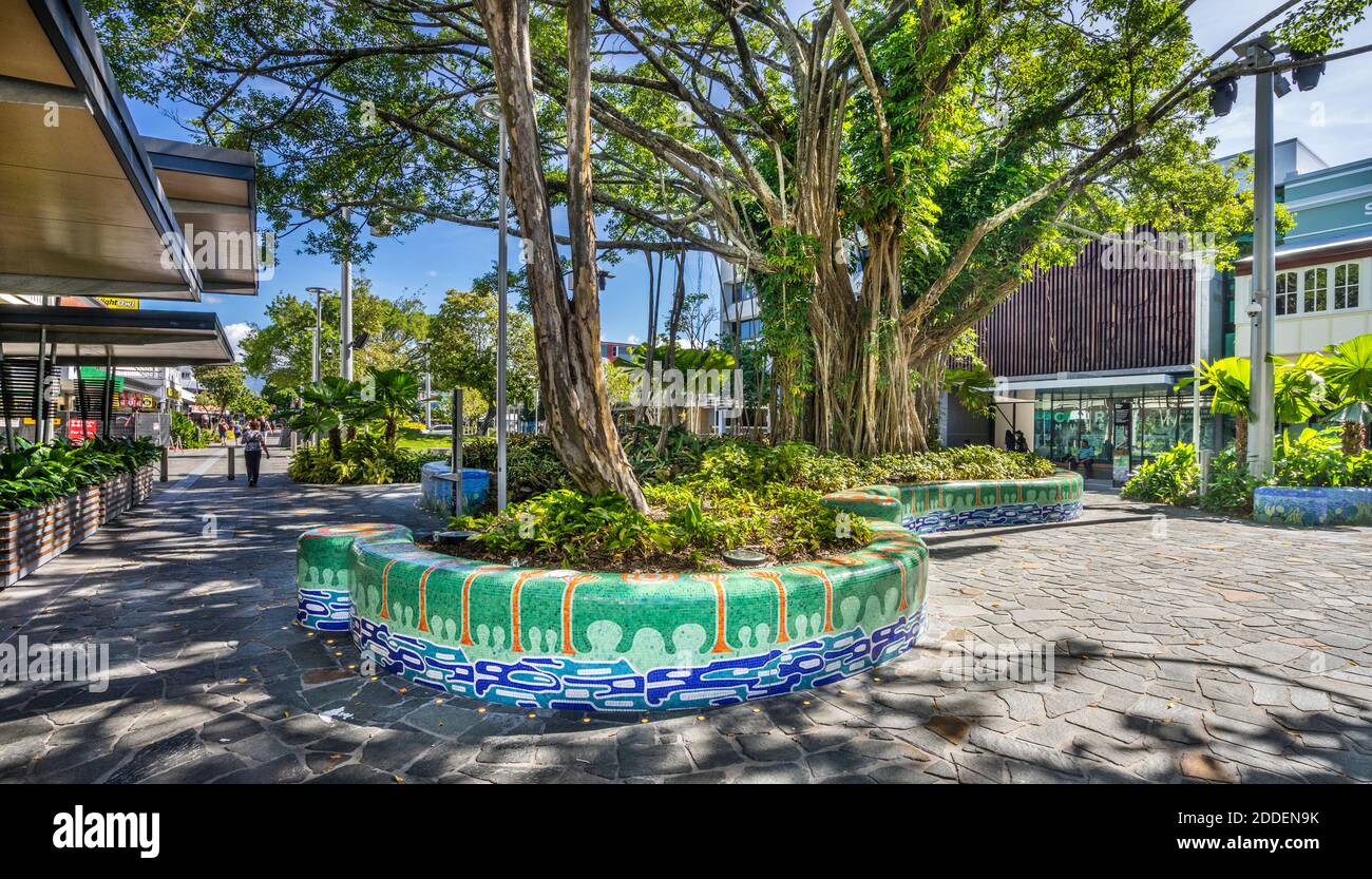 Shields Street urban parklands, a  pedestrian oasis in the heart of the Cairns CBD, North Queensland, Australia Stock Photo