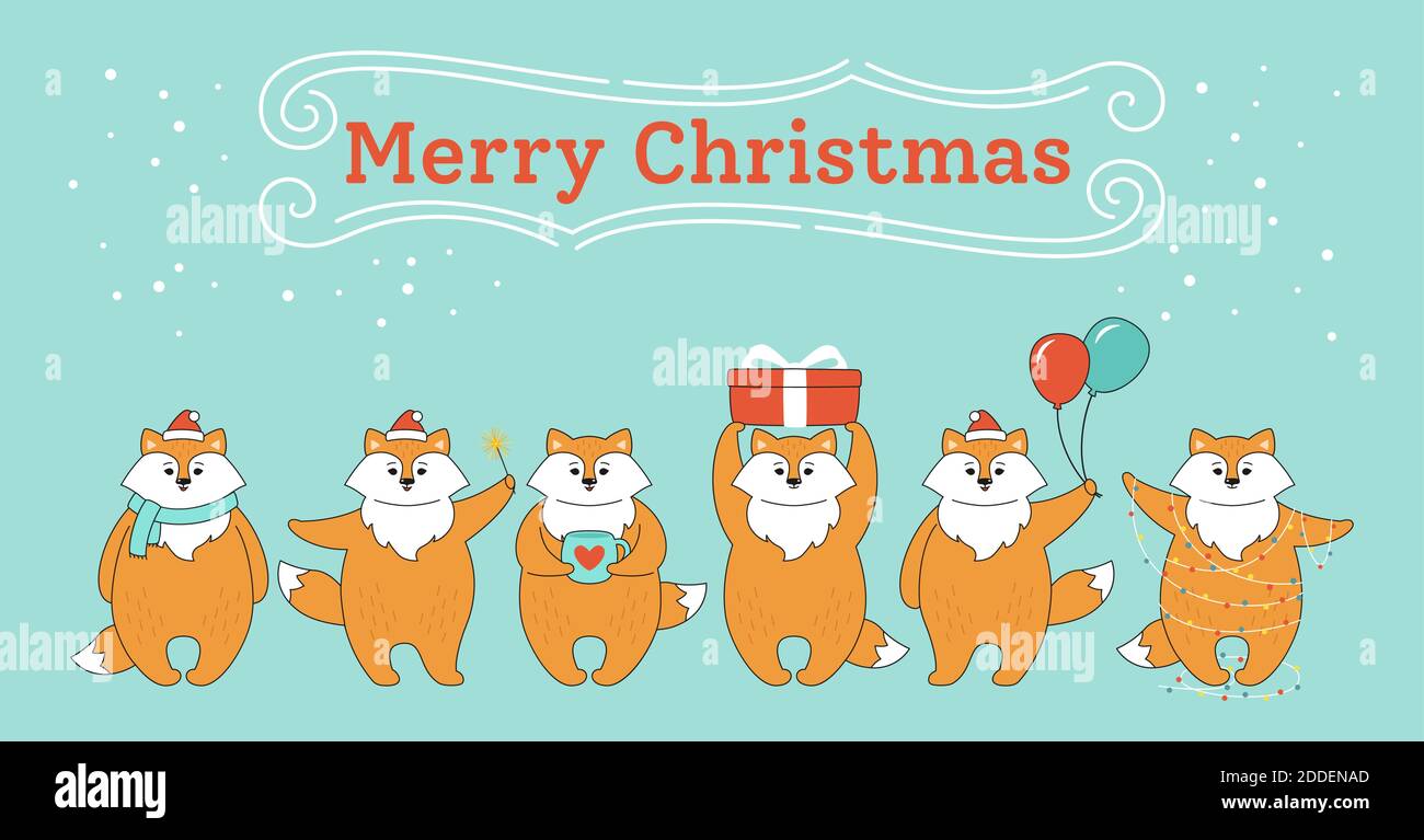Greeting Christmas card, fox in row. New Year cartoon red foxes in ...