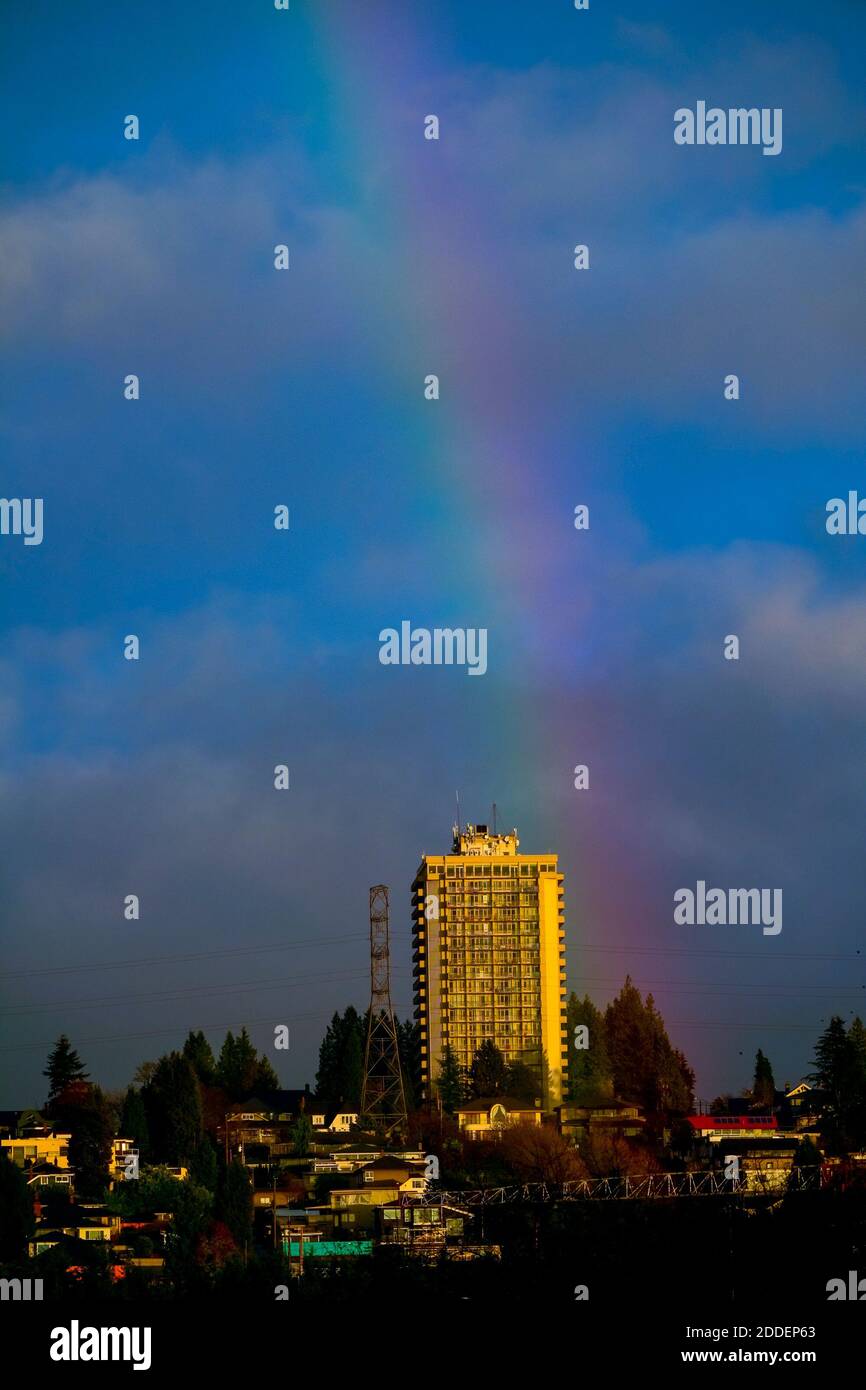 Rainbow over Burnaby Heights neighbourhood , Burnaby, , British Columbia, Canada Stock Photo