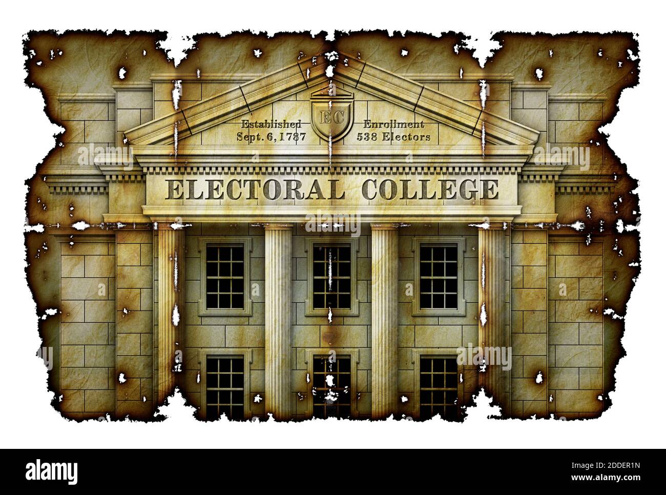 Electoral College system presented as a real physical college building on antique parchment. 3D Illustration Stock Photo