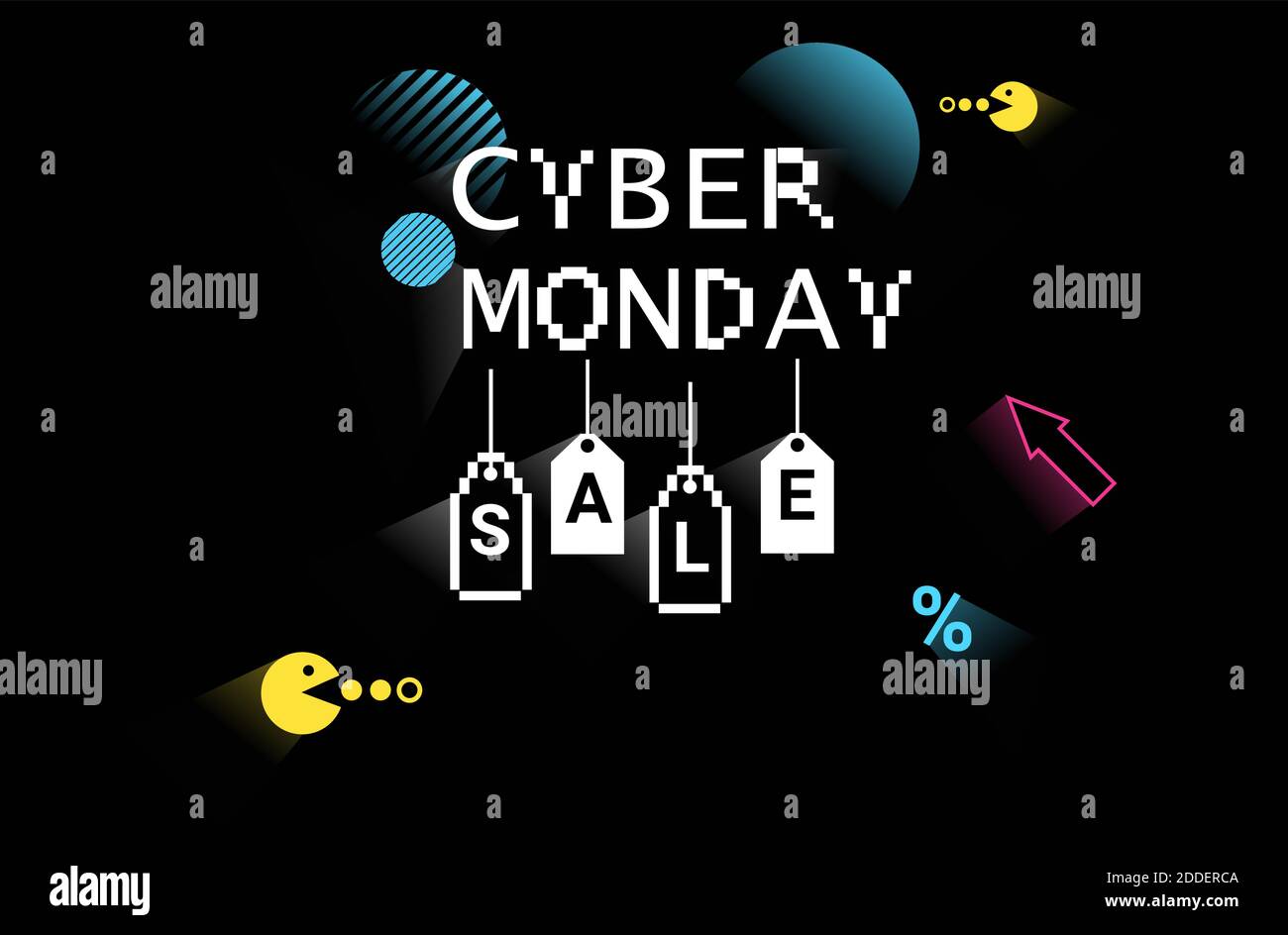 cyber monday online sale poster advertising flyer holiday shopping promotion 8-bit pixel art style banner horizontal vector illustration Stock Vector