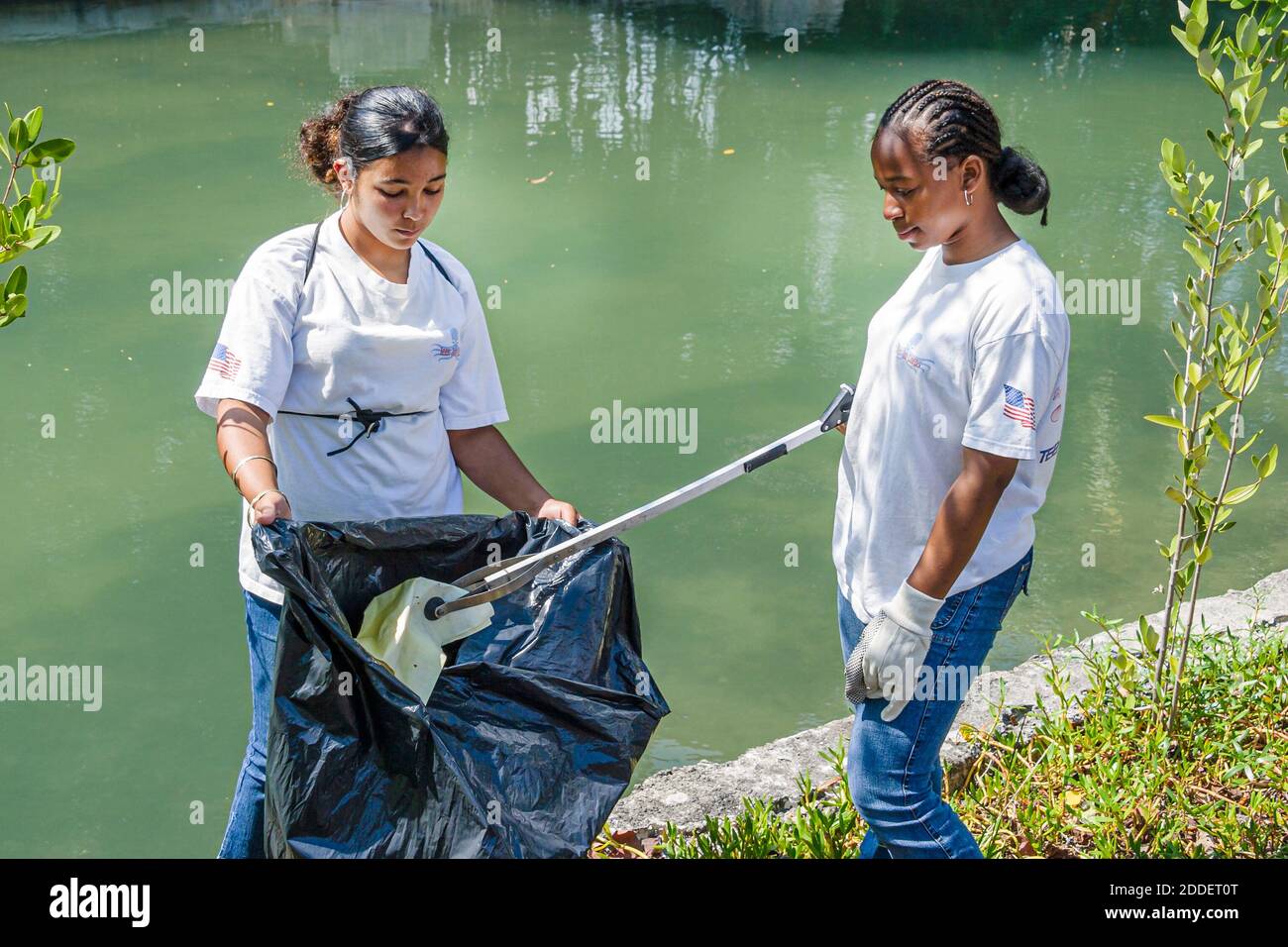 Miami Beach Florida,Dade Canal teen teens student students,Job Corps workers volunteers cleaning collecting collect trash,Black Hispanic girls plastic Stock Photo
