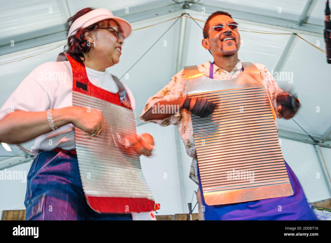 Florida Ft. Fort Lauderdale Cajun Zydeco Crawfish Festival,celebration fair event husband wife washboard frottoir musicians play playing, Stock Photo