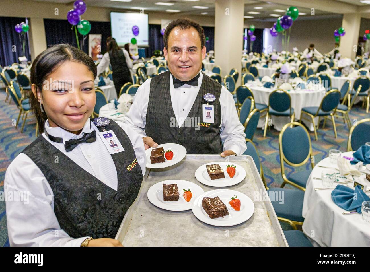 Miami Florida,Hyatt Regency hotel Hispanic waiter waitress server employee employees inside interior workers ballroom serving dessert, Stock Photo