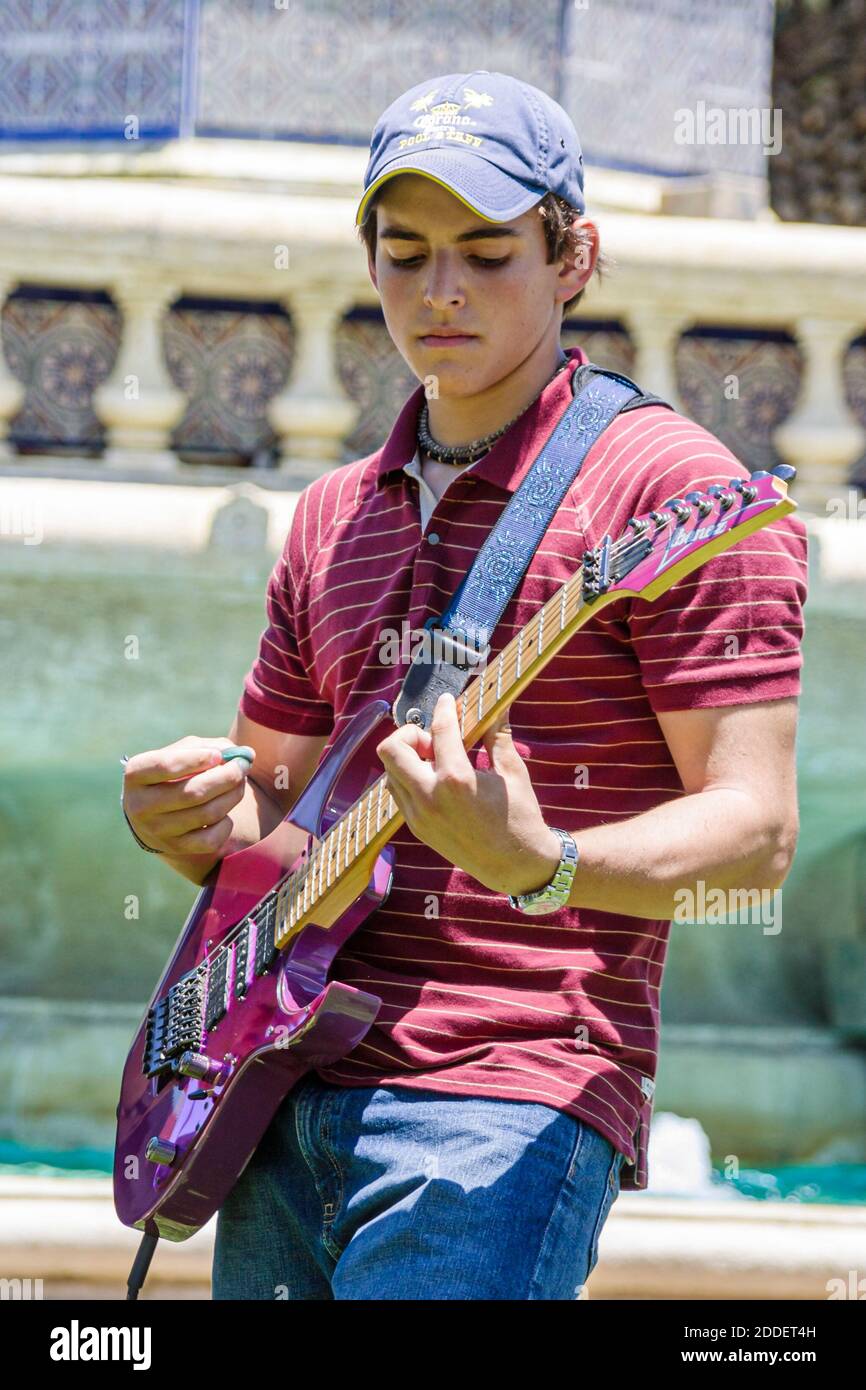 Miami Beach Florida,Normandy Village Marketplace teen teenager youth guitarist,musician playing performer performing, Stock Photo