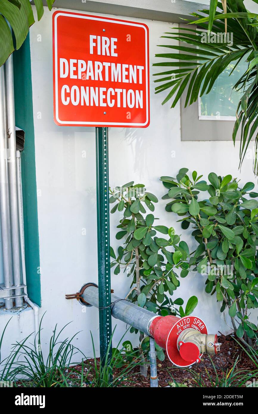 Miami Beach Florida,fire department connection sign pipe valve, Stock Photo