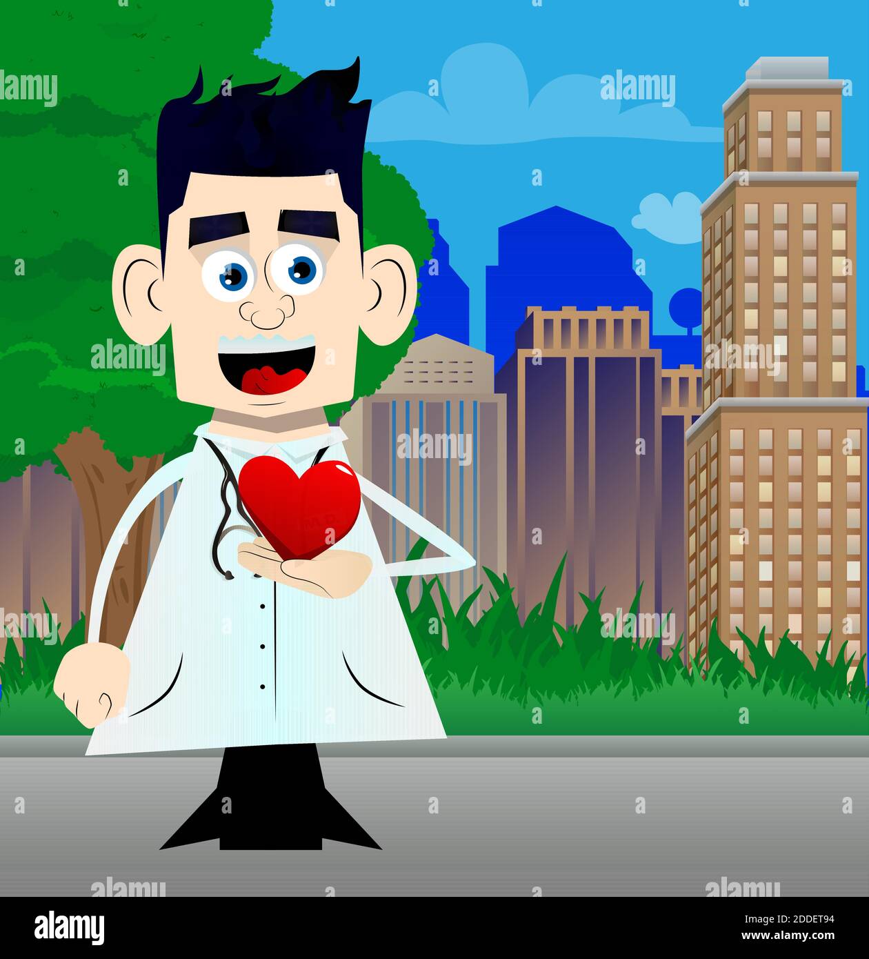 Funny cartoon doctor holding red heart in his hand. Vector illustration ...