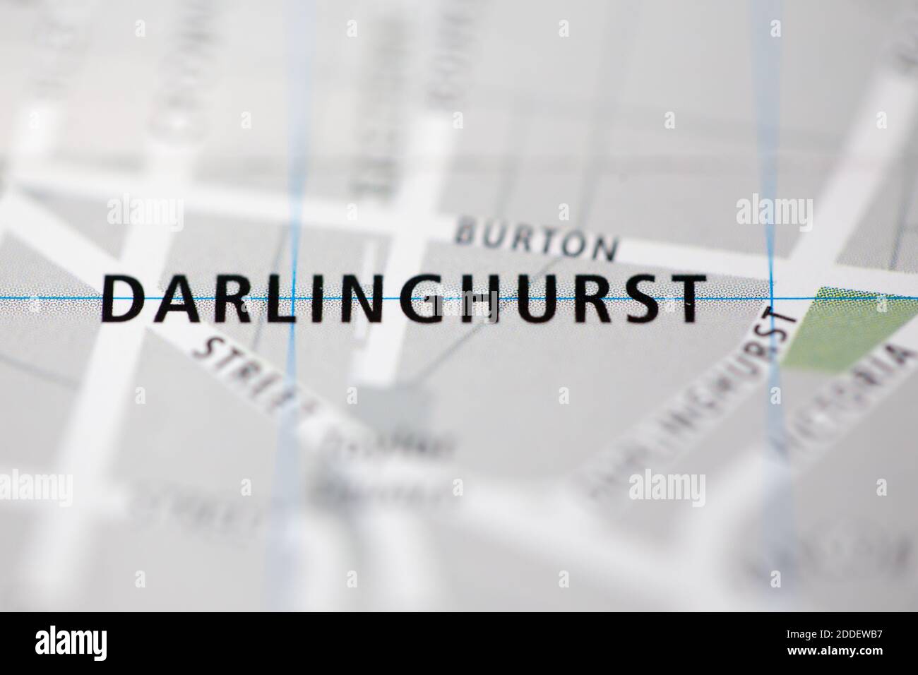 Shallow depth of field focus on geographical map location of Darlinghurst Sydney Australia Asia continent on atlas Stock Photo