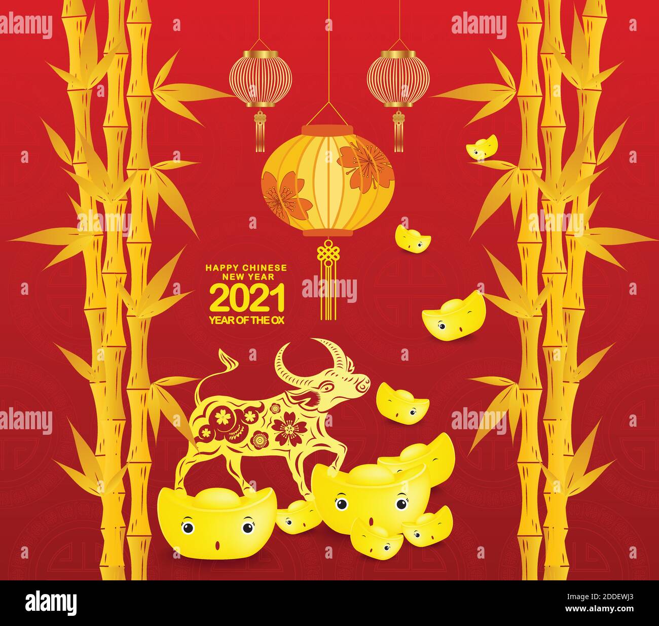 Happy chinese new year 2021 Ox Zodiac sign. Gold ingots, gold bamboo