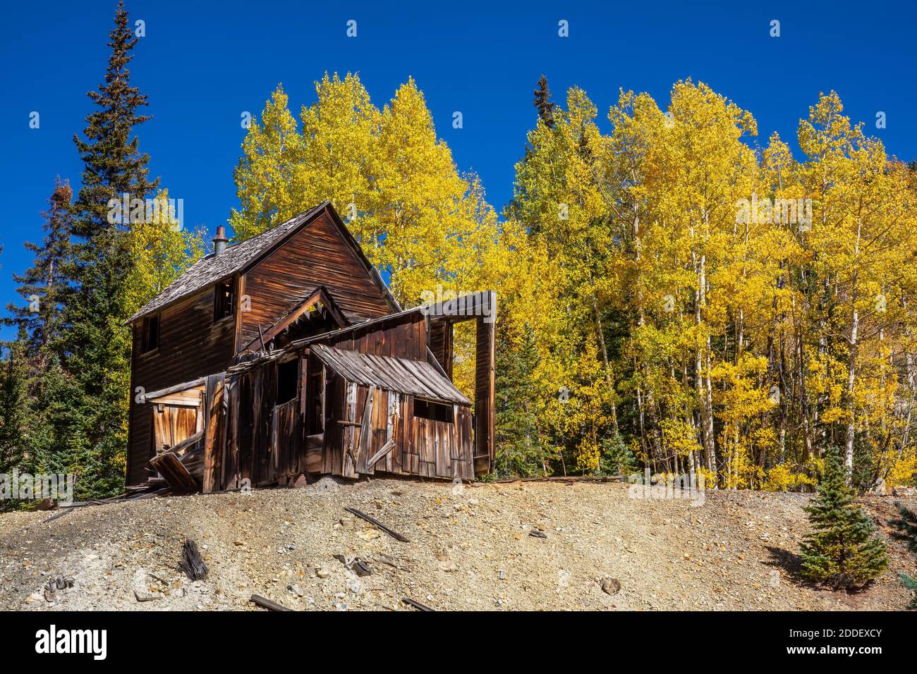 Remnant of an old mine in autumn, Red Mountain, Ouray County, San Juan Mountains, Colorado Stock Photo