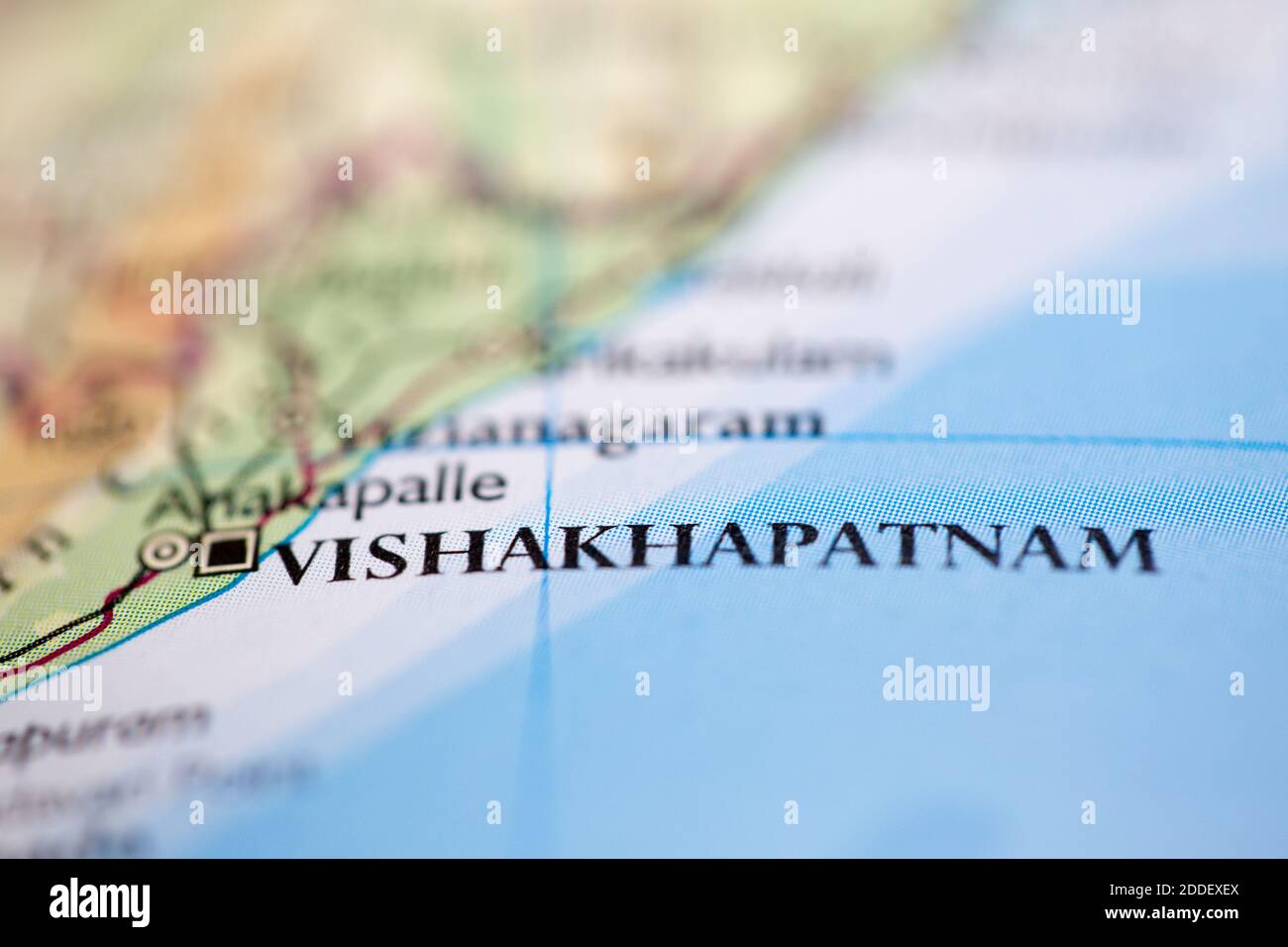 Shallow depth of field focus on geographical map location of Vishakhapatnam India Asia continent on atlas Stock Photo