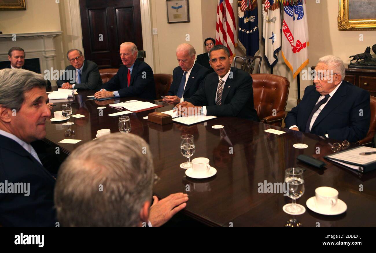 United States President Barack Obama makes a statement during a meeting with present administration officials and former Secretaries of State and Defense in the Roosevelt Room of the White House on Thursday, November 18, 2010.  From left to right: US Senator John Kerry (Democrat of Massachusetts);  William Cohen, former US Secretary of Defense; former US Senator Sam Nunn (Democrat of Georgia), arms control expert;  James A. Baker III, former US Secretary of State; US Vice President Joseph Biden; President Obama; Henry Kissinger, former US Secretary of State; and General James Cartwright, Vice Stock Photo