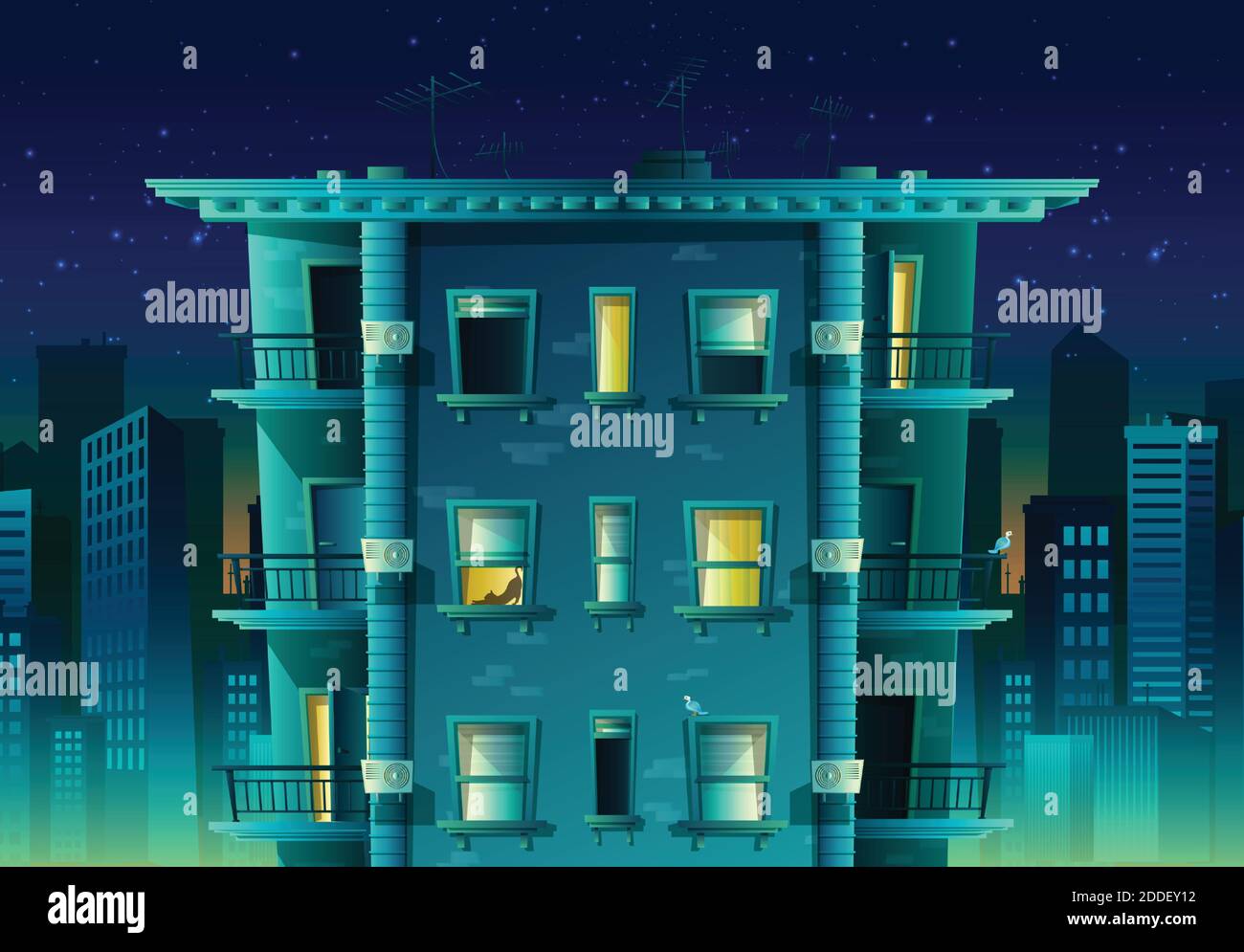 Vector cartoon style night city on blue light. Building with many floors and windows with balconies. Stock Vector