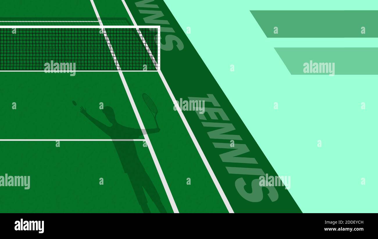 tennis player threw ball to serve on green court. Outdoor tennis court