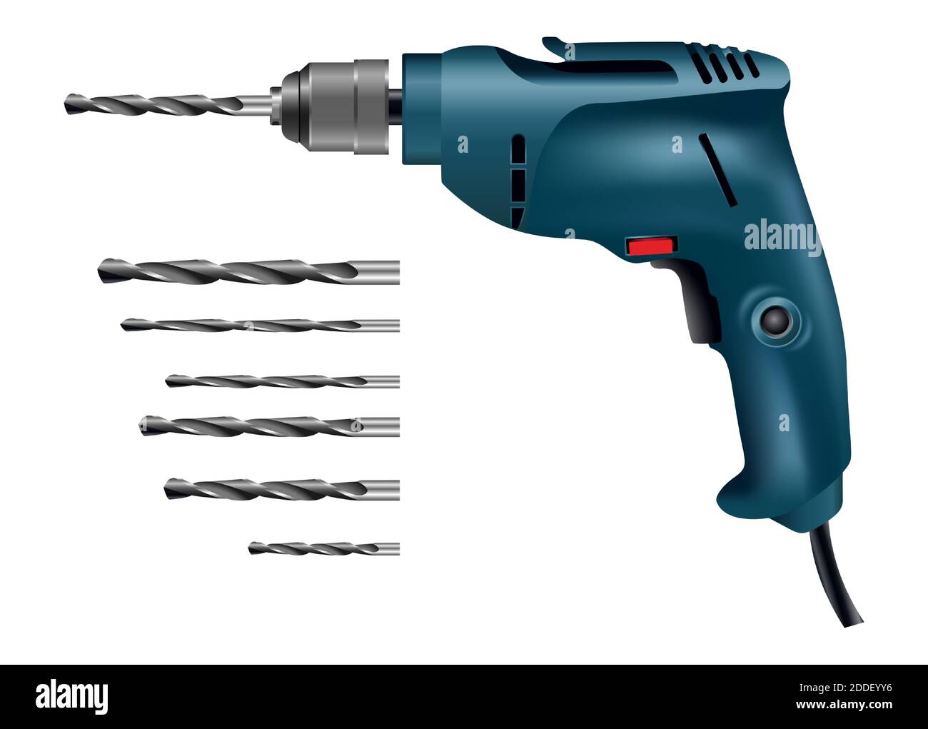 3d realistic vector drill machine with collection of different size drill tools. Stock Vector