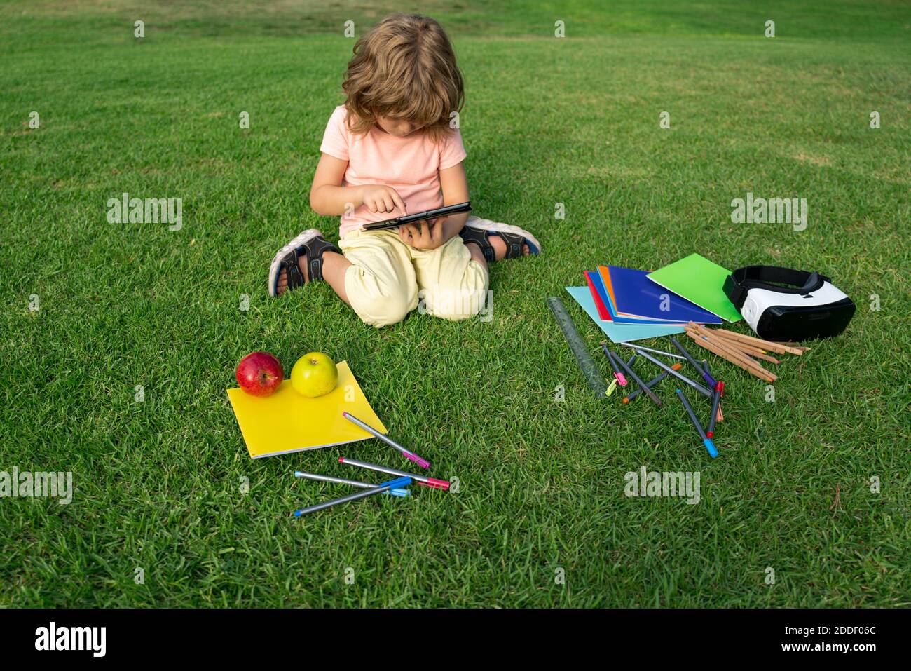 Kids study exam outside. Funny little student boy with tablet, Sit ...
