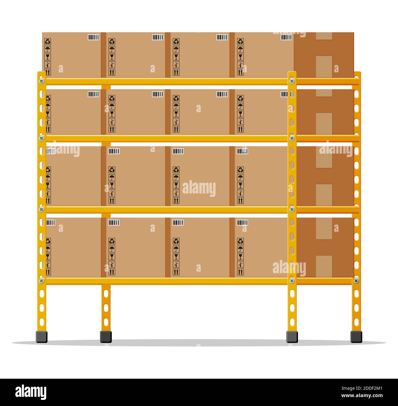 Metallic shelves with carton brown boxes. Goods and container package. Pile cardboard boxes set. Delivery packaging closed box with fragile signs. Vector illustration in flat style Stock Vector