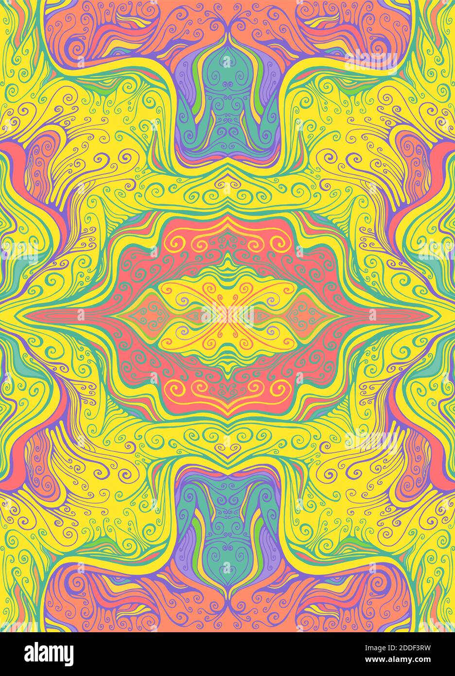 Psychedelic colorful waves kaleidoscope background, hippie style. Stock Vector