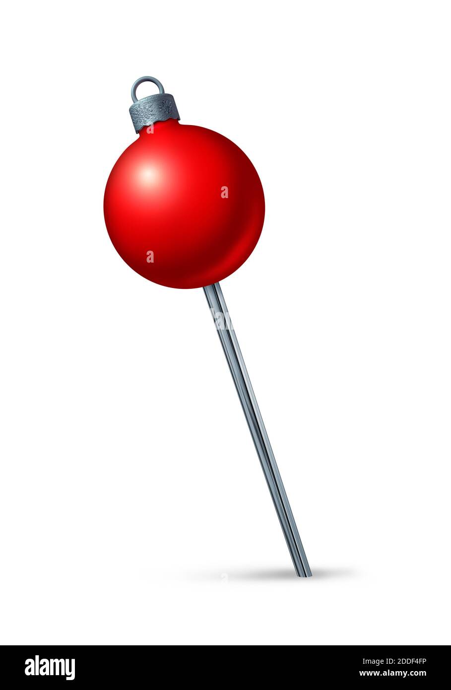 Christmas red pushpin as a holiday navigation symbol of winter season travel and festive xmas location or seasonal party position as a 3D render. Stock Photo