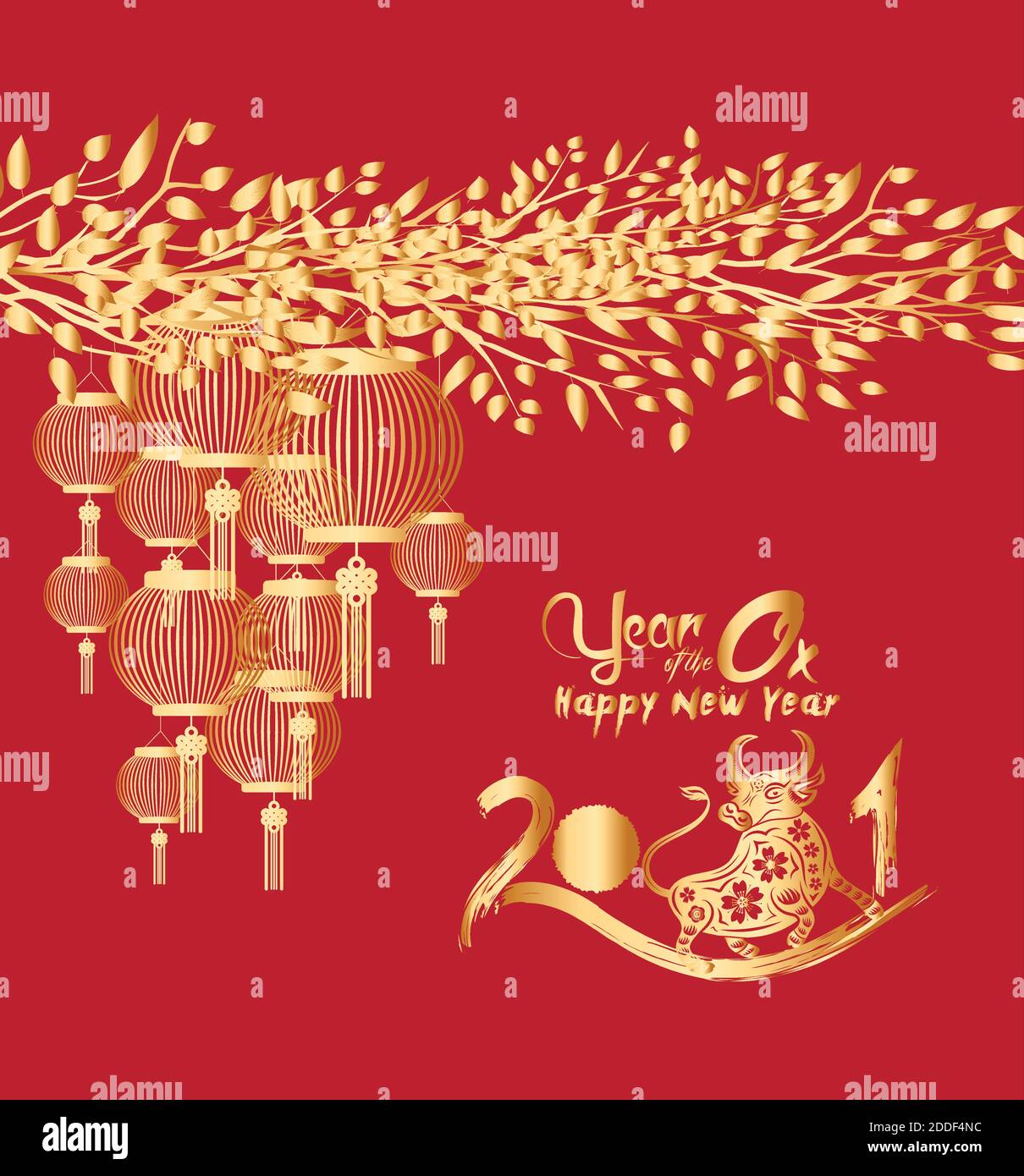 Happy chinese new year 2021 of the ox. Gold zodiac sign, gold tree and lanterns background for greetings card, invitation, posters, brochure, calendar Stock Vector