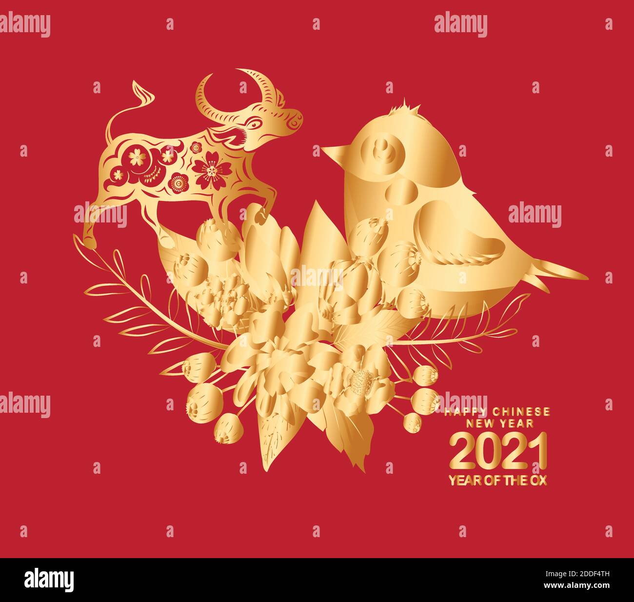 Happy chinese new year 2021 of the ox. Gold zodiac sign, gold floral and gold bird decoration for greetings card, invitation, posters, brochure, calen Stock Vector