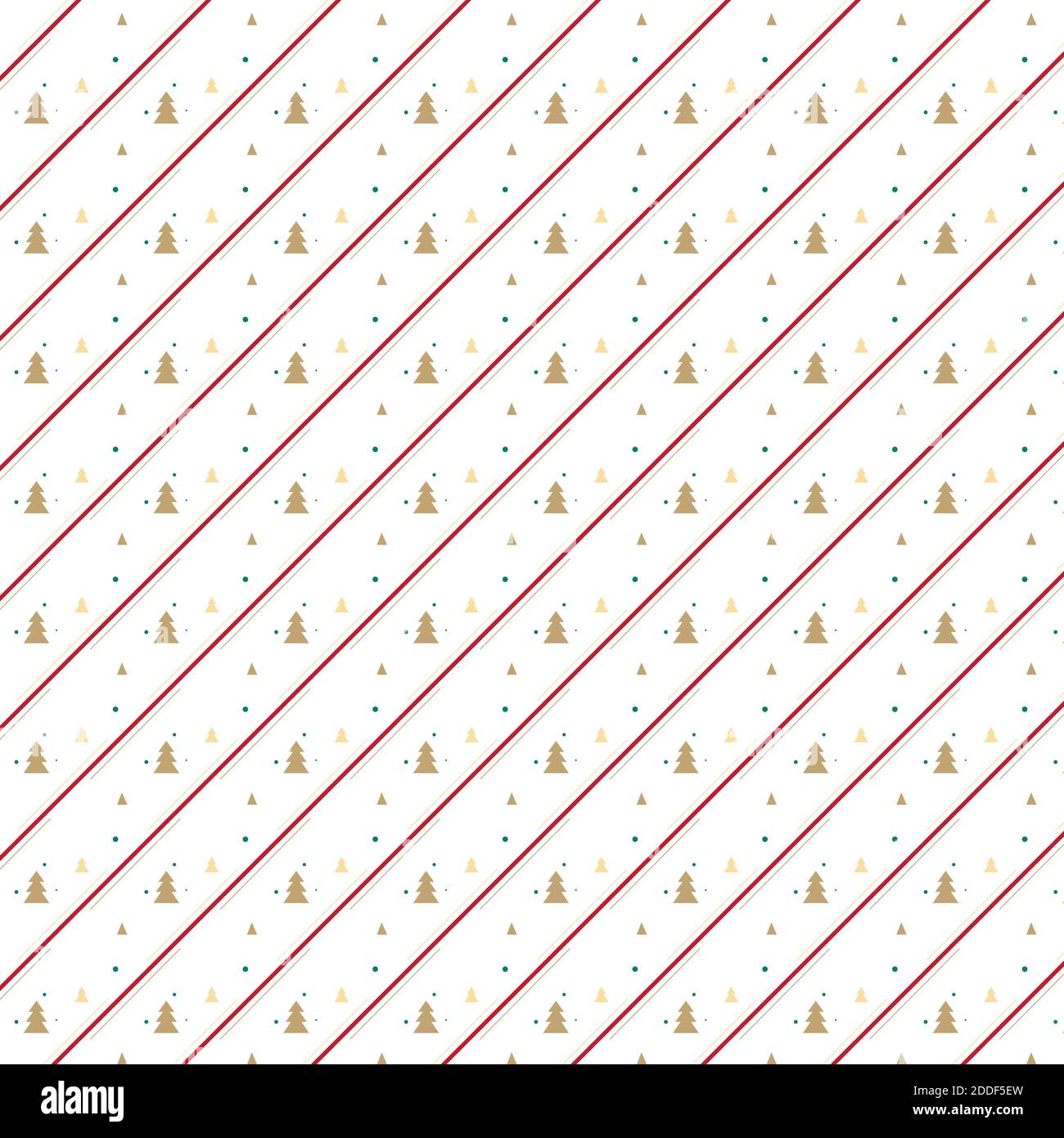 Golden Christmas tree and red line seamless pattern on white background for gift wrapping paper Stock Vector