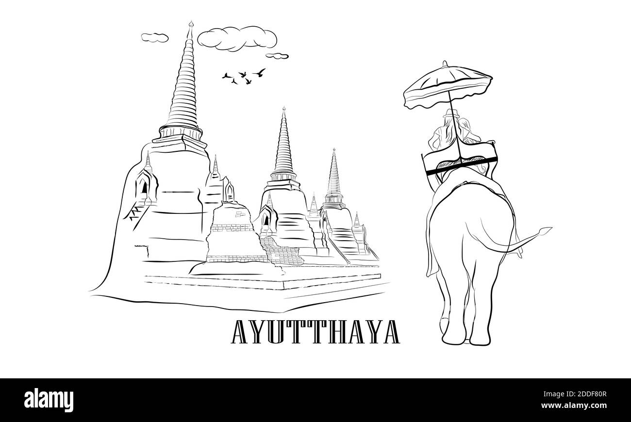 Drawing vector illustration outline old Pagodas and elephants Thailand with text  AYUTTHAYA Stock Vector