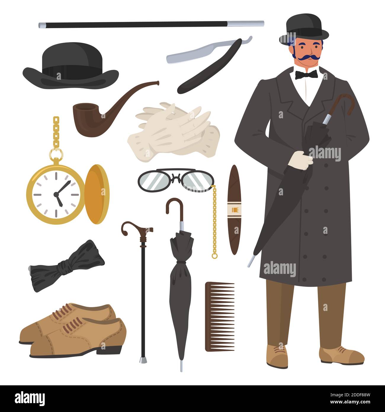 Victorian gentleman set, flat vector isolated illustration. English gentleman clothing and accessories. Stock Vector