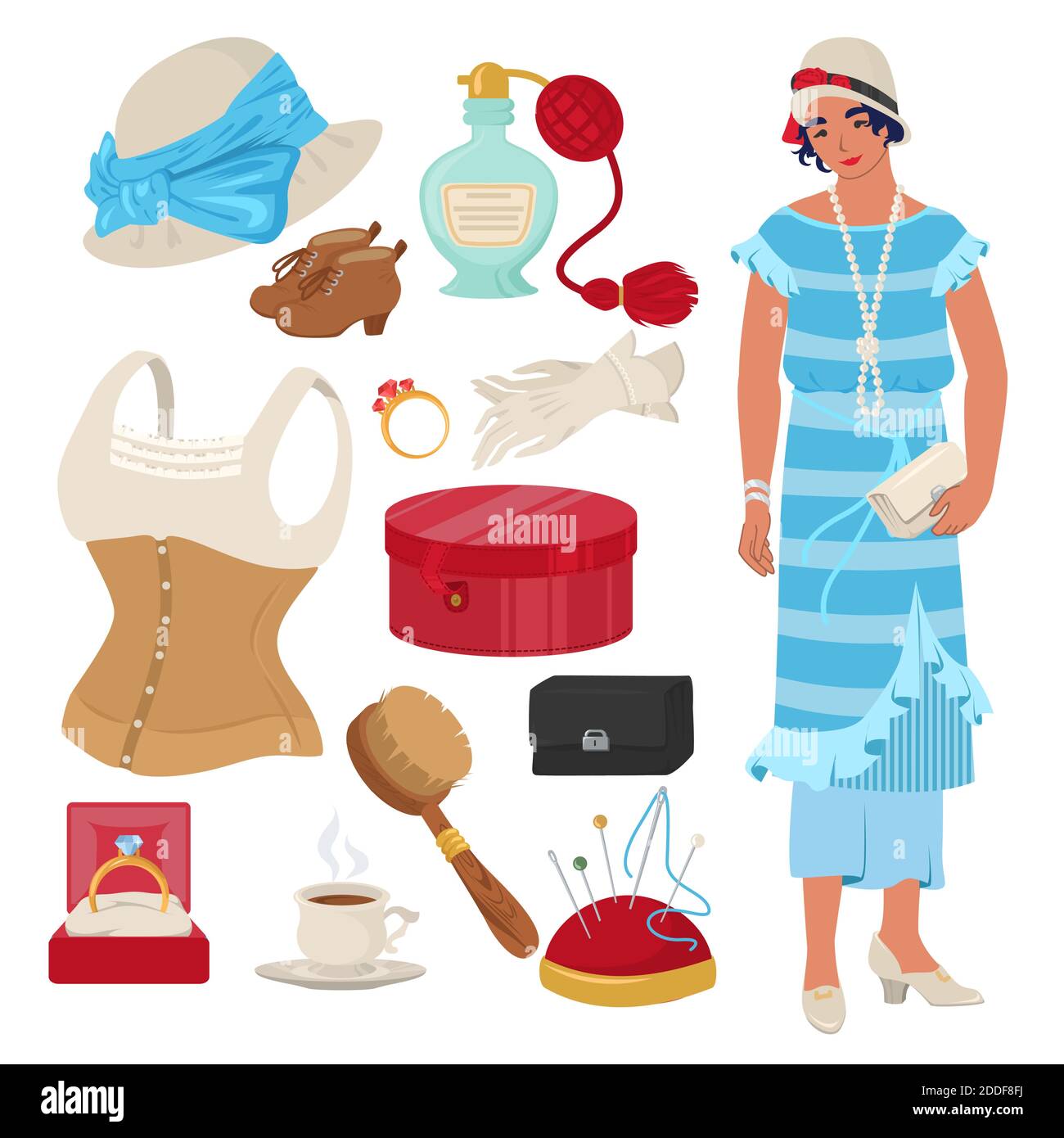 Victorian lady set, flat vector isolated illustration. English lady clothing and accessories. Stock Vector