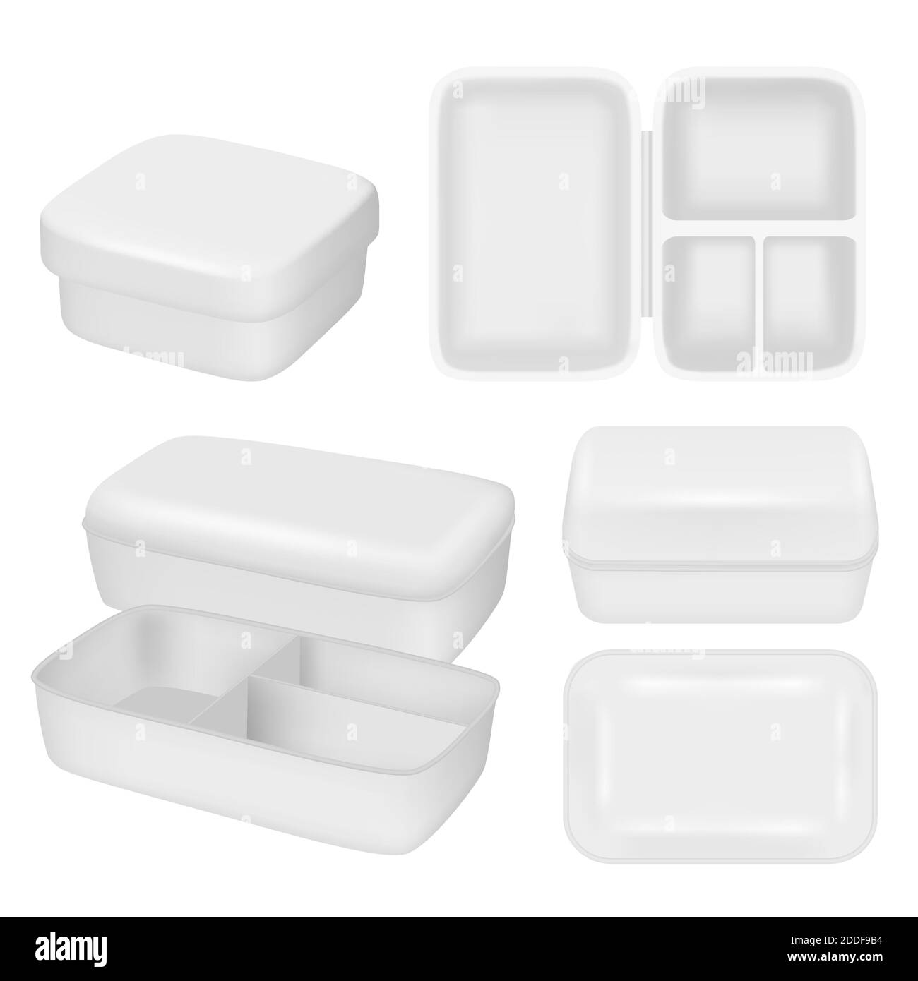 White empty plastic lunch box vector realistic mock up set Stock Vector