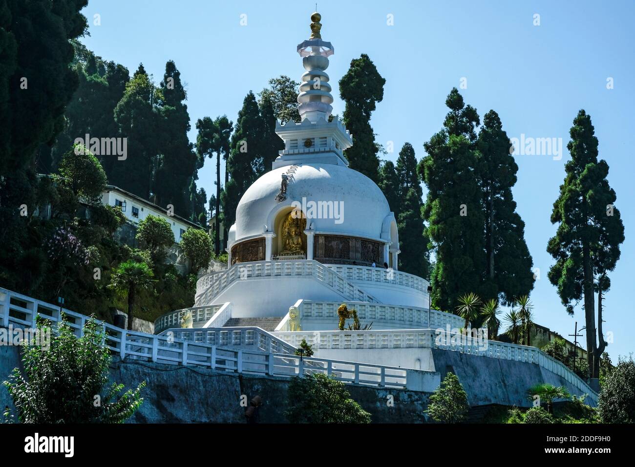 Darjeeling, India - October 2020: Peace Pagoda in Darjeeling on October 15, 2020 in West Bengala, India. Stock Photo