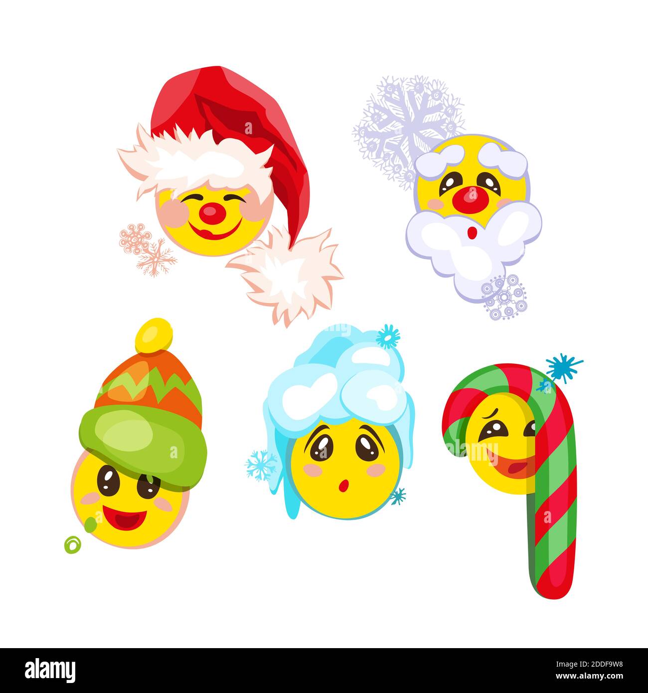 Holiday emoticon set icons, Christmas emoji symbols, isolated on white background, vector illustration. Stock Vector