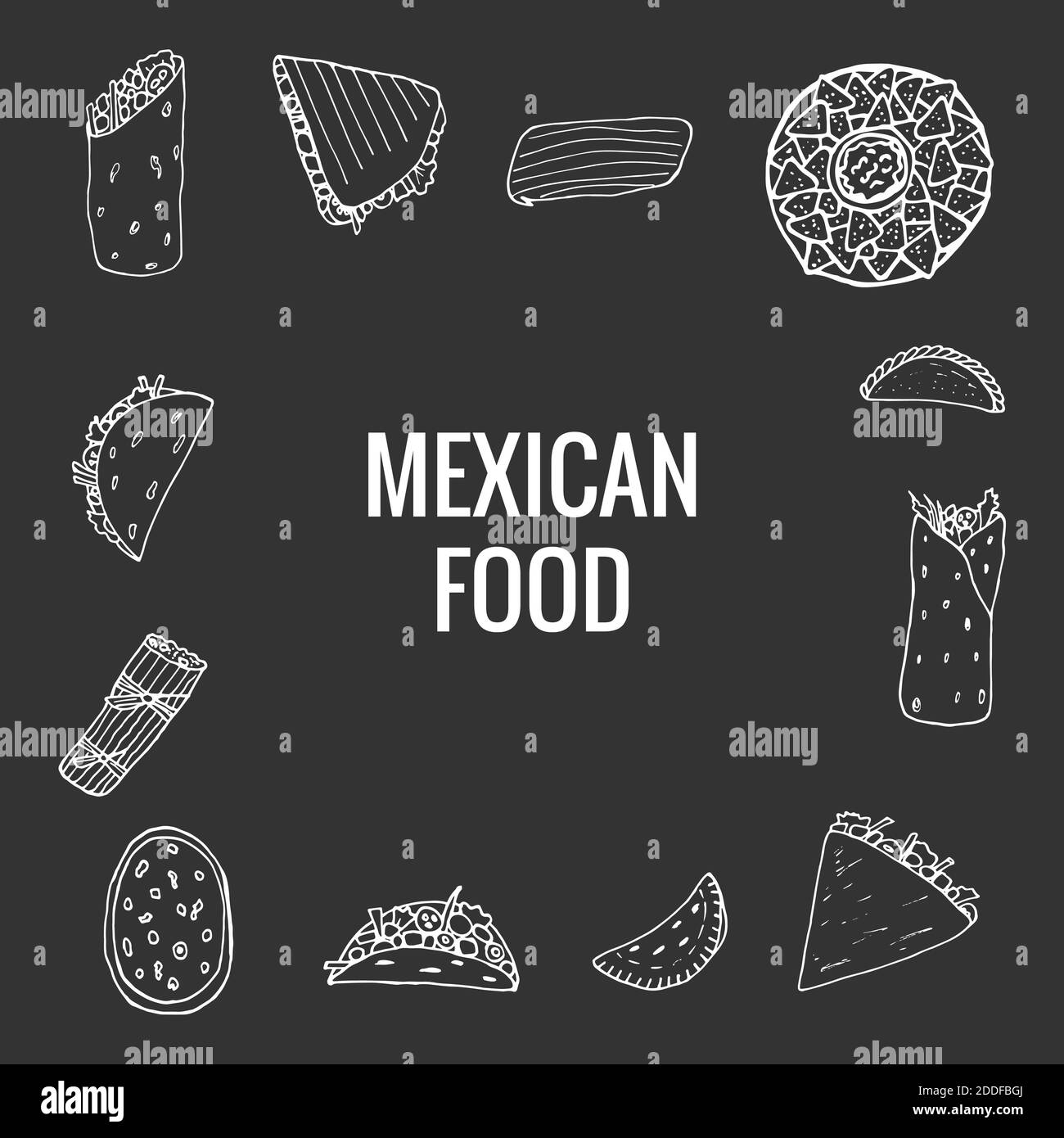 Vector hand drawn of mexican food. A set of mexican dishes with burritos, quesadillas, empanadas, tacos, tamales, nachos. Design sketch for menu cafe, Stock Vector