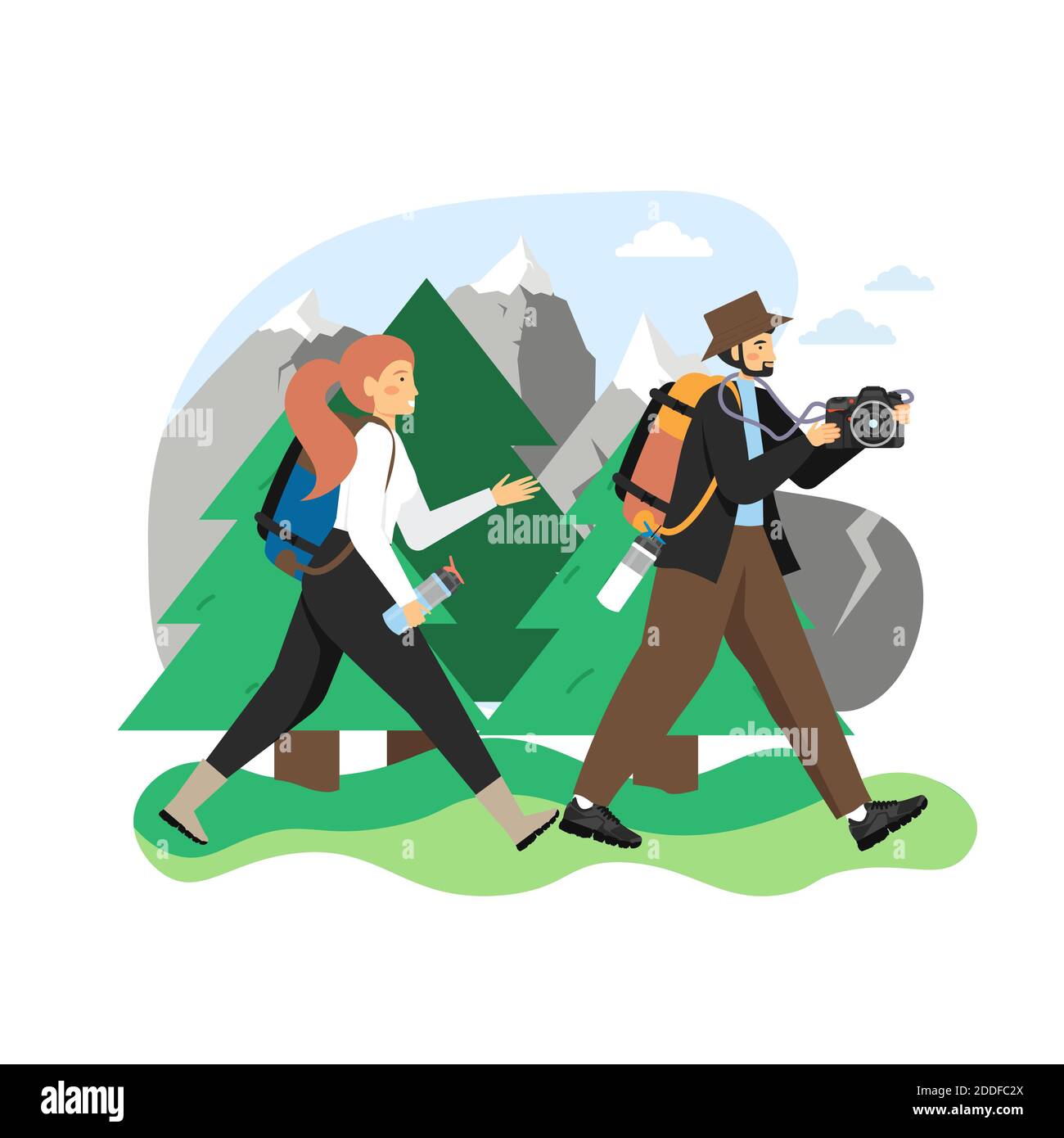 Hike scene, flat vector illustration. Traveler, hiker couple with backpacks, camera, water bottles going hiking. Stock Vector