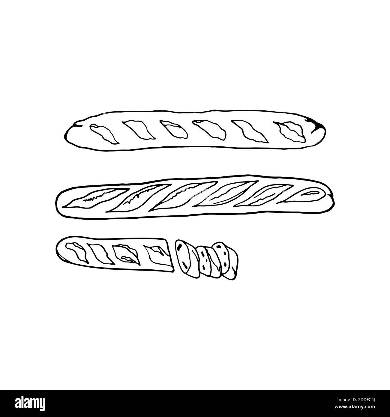 Vector hand drawn baguette. French cuisine dish. Design sketch element for menu cafe, bistro, restaurant, bakery, label and packaging. Illustration on Stock Vector
