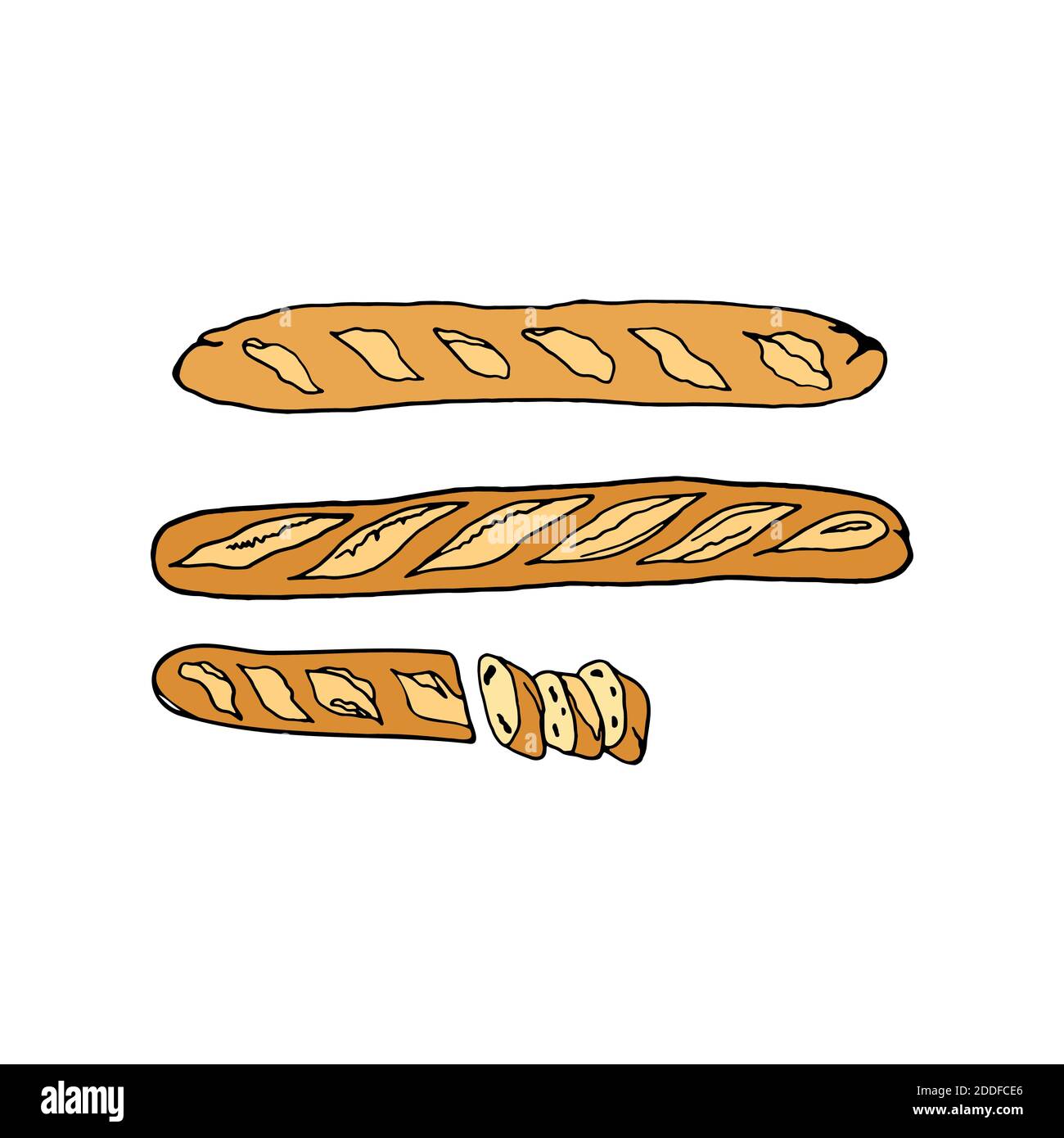 Vector hand drawn colorful baguette. French cuisine dish. Design sketch element for menu cafe, bistro, restaurant, bakery, label and packaging. Illust Stock Vector