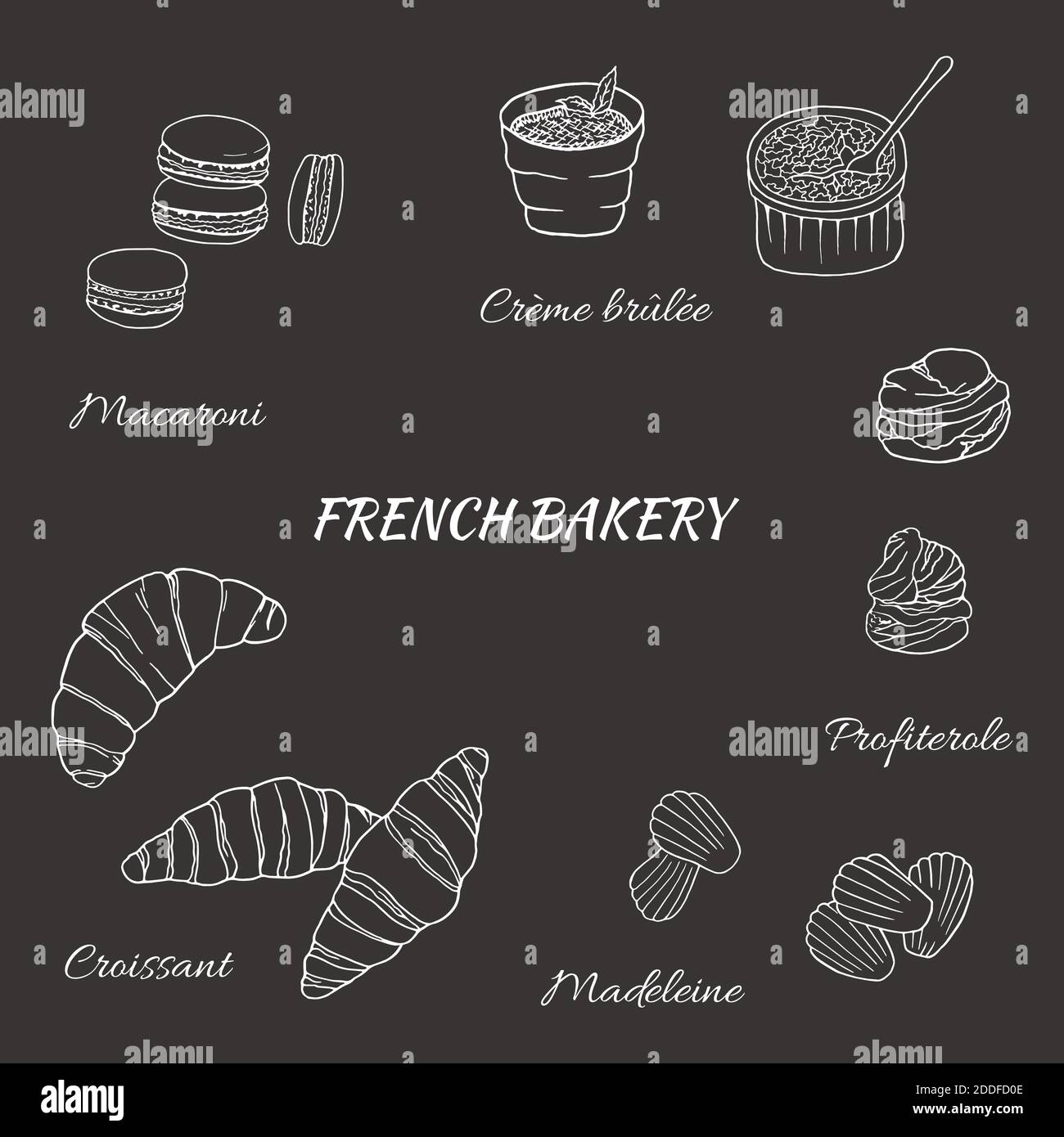 Vector hand drawn of french bakery set with croissant, macaron, creme brulee, madeleine, profiterole. Design sketch element for menu cafe, bistro, res Stock Vector