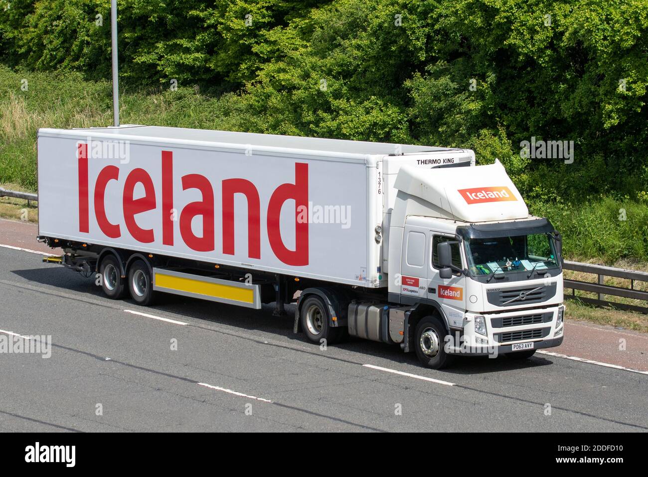 Iceland supermarket chilled HGV Haulage delivery trucks, Thermo King trtailer, lorry, transportation, truck, cargo carrier, vehicle, European commercial transport industry, M61 at Manchester, UK Stock Photo