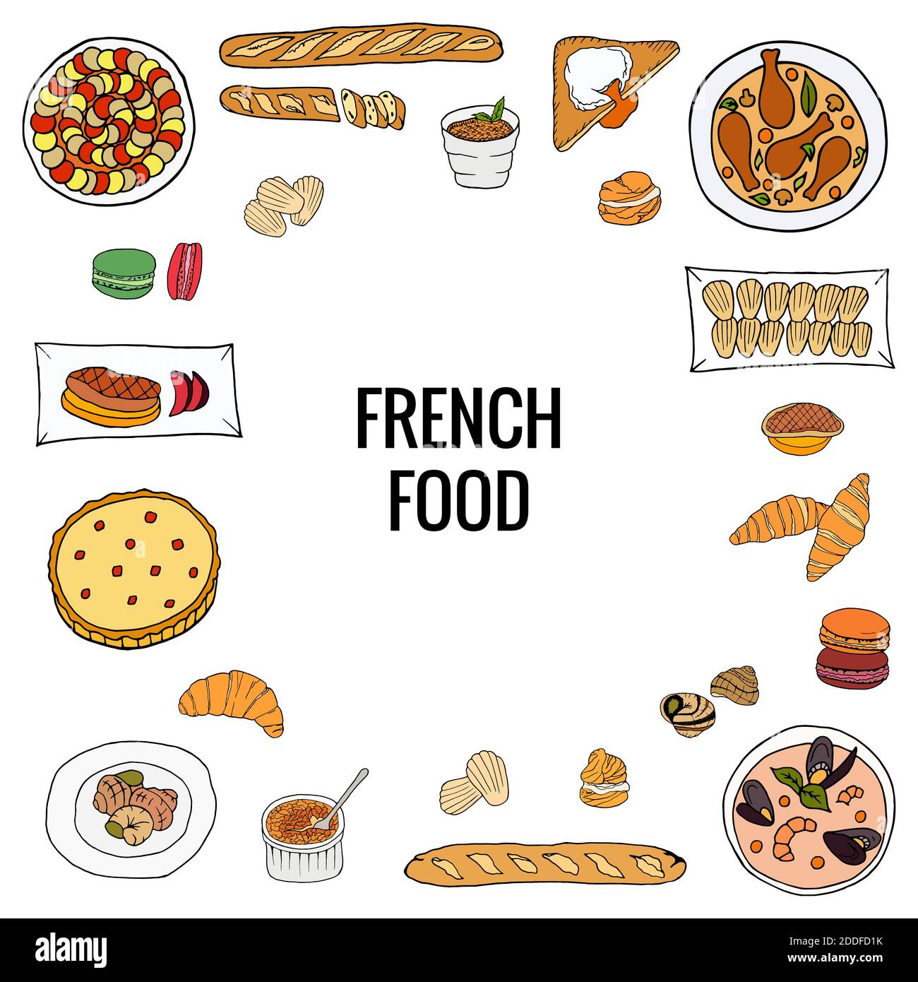 Vector hand drawn of french food. Colorful set of French dishes and