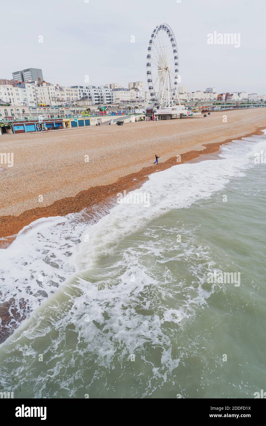 Viewed from the iconic Brighton pier,along the seashore,during the visitor low season when this popular coastal city,one hour from London has a specia Stock Photo