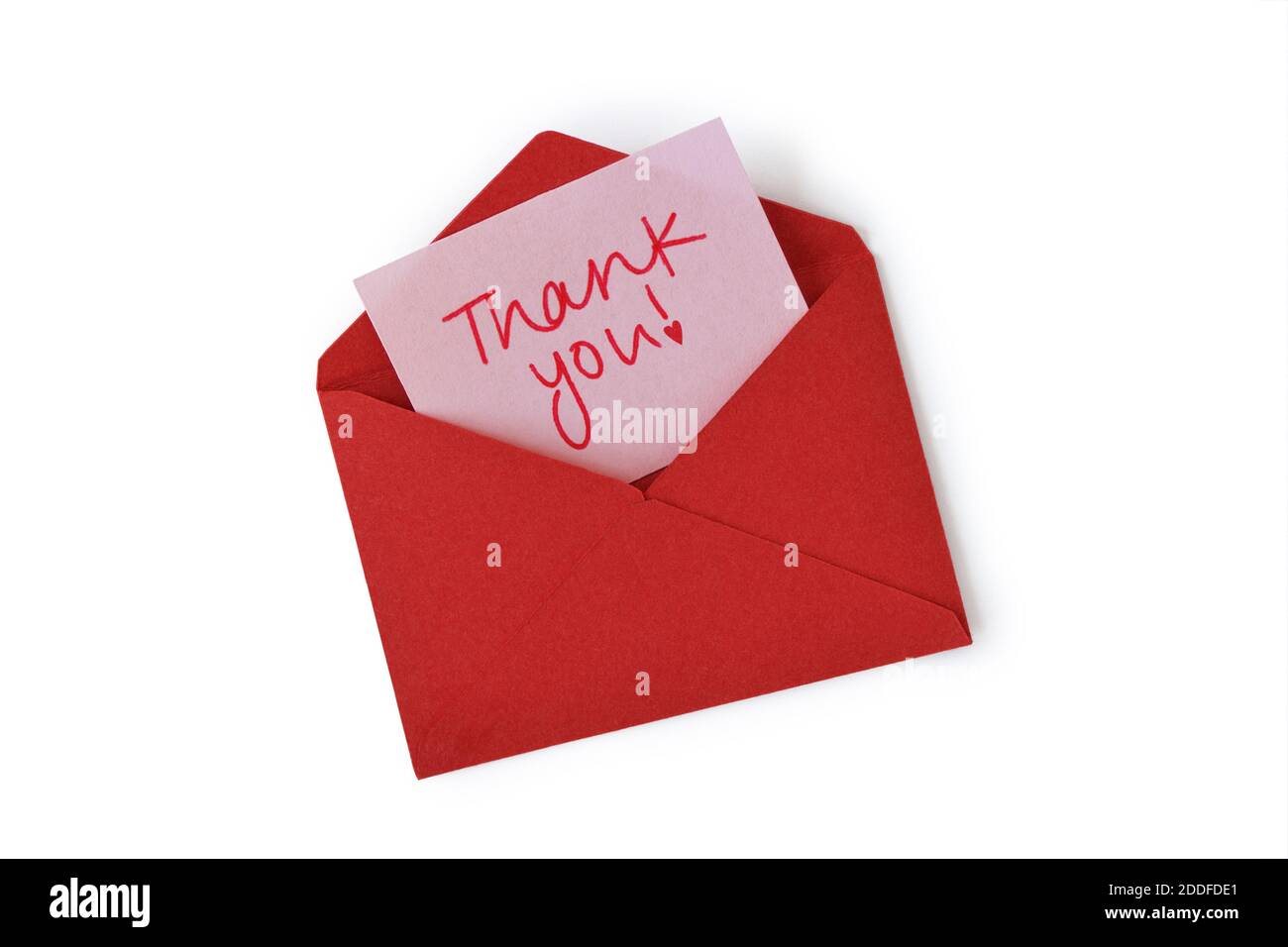 Red envelope with thank you letter on white background Stock Photo