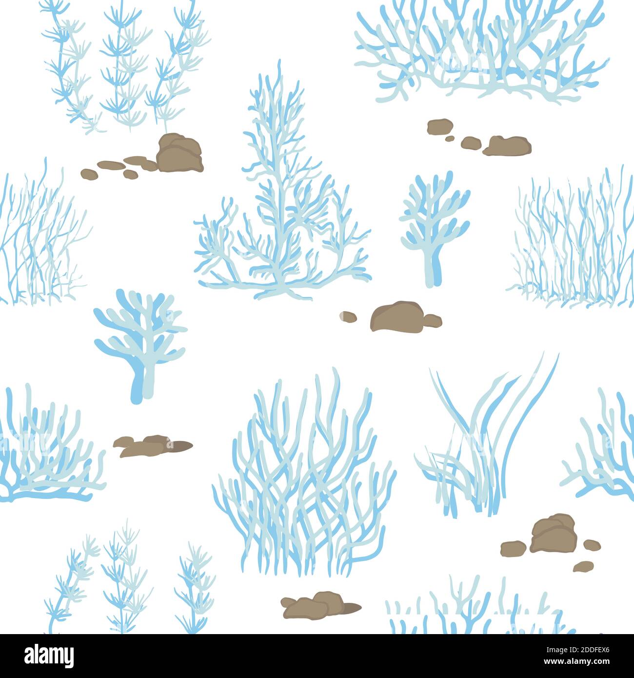 blue, pink corals on a white background. Vector seamless pattern with tropical reef. Stock Vector