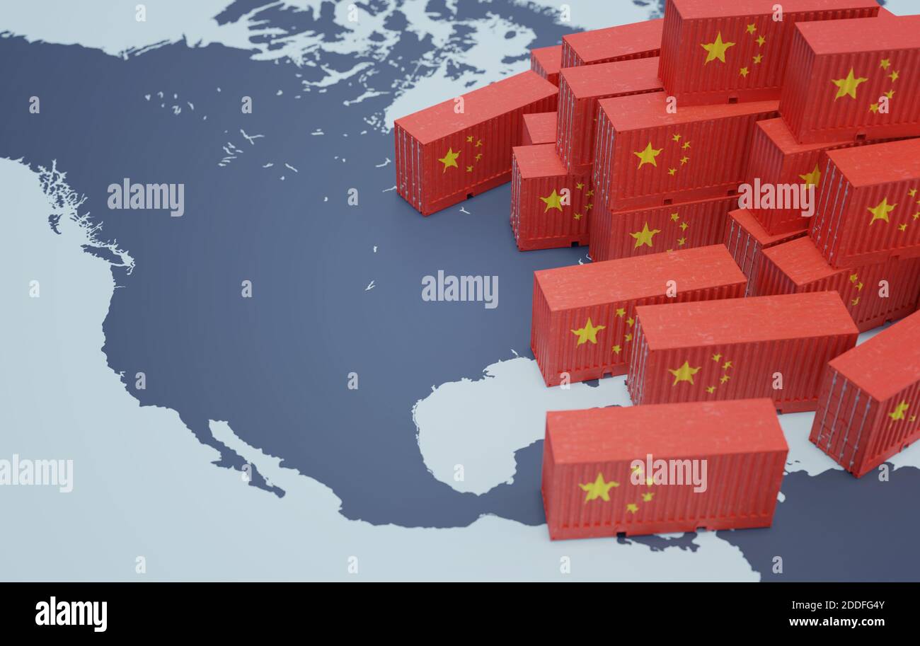 Chinese cargo containers on map of USA. Import of chenese goods concept. 3D rendered