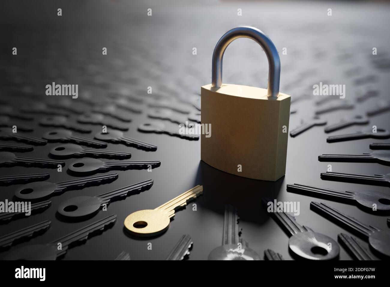 Encryption, safety and security concept. One golden key and many others next to padlock. 3D rendered illustration. Stock Photo
